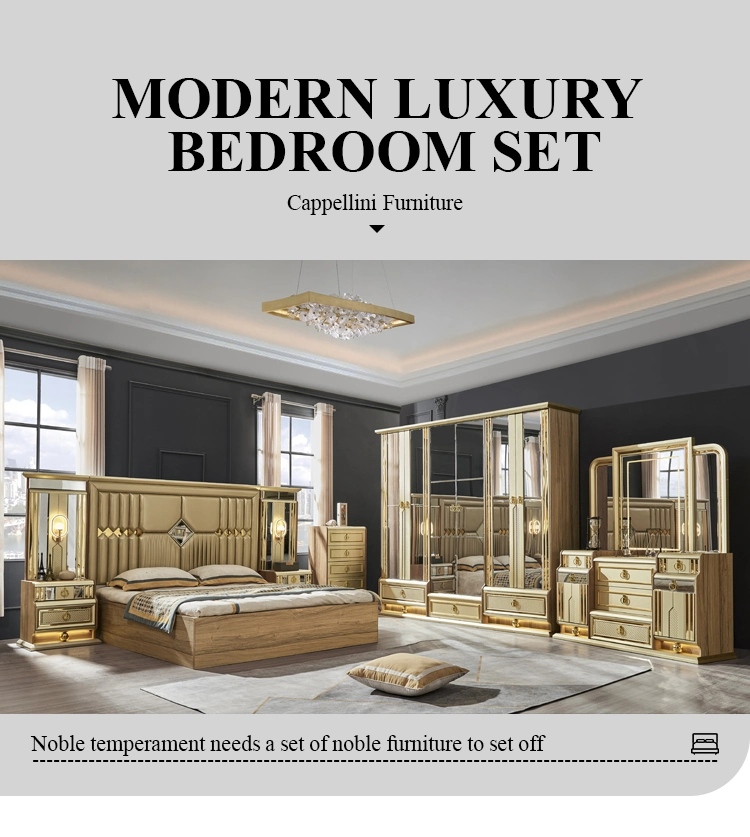 Classic Royal Luxury Gold King Size Double Bed Villa Home Master Room Queen MDF Wooden Full Set Bedroom Furniture