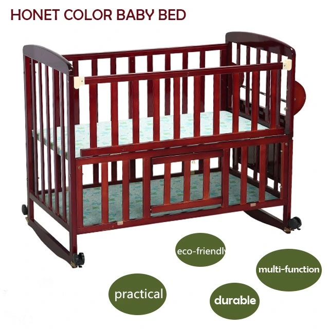 Modern Baby Bedroom Bedside Crib Attached to Adult Bed Wooden Cherry Color Baby Bed Cot