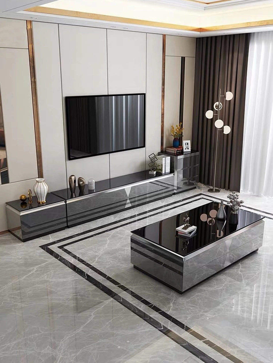 Modern Living Room Furniture Stainless Steel Mirror Glass Coffee Table and TV Stand Sets