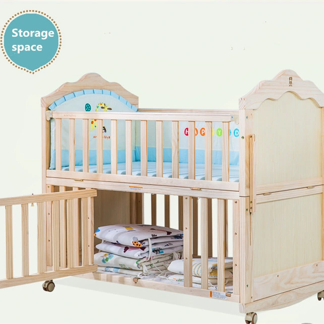 No Painted Hot Selling Bedroom Nursery Furniture Sets Solid Wooden Baby Crib Bed Sleeping Swing Cot