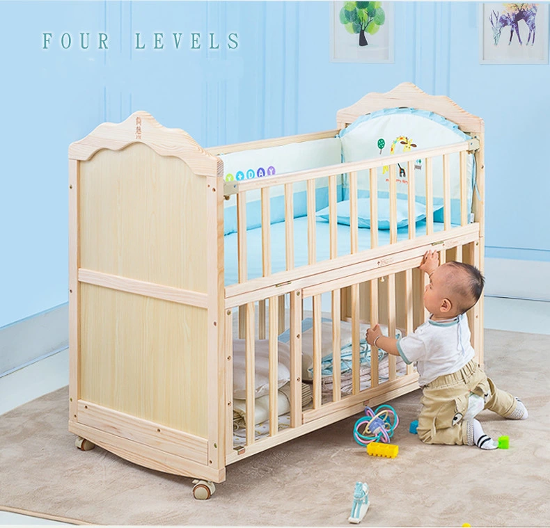 No Painted Hot Selling Bedroom Nursery Furniture Sets Solid Wooden Baby Crib Bed Sleeping Swing Cot