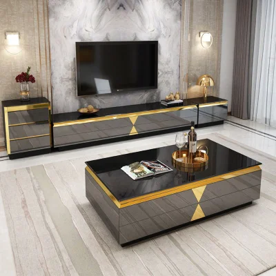 Modernos Muebles de Salón de Cristal de espejo de acero inoxidable mesa de café y TV conjuntos de soporte