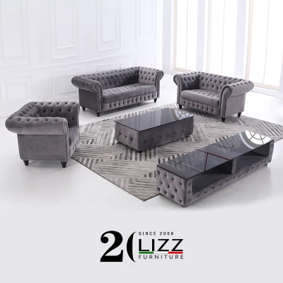  Canadá Promoción Chesterfield Muebles de salón sofá de tela de terciopelo de Ocio