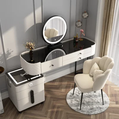 Hogar dormitorio tocador Multifuncional Muebles con LED moderno Dresser inteligente inteligente con espejo tocador con patas de metal Carga inalámbrica