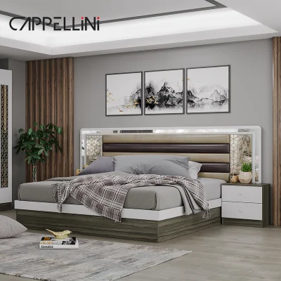  Armario de cama doble tamaño king moderno y barato al por mayor Master Mobiliario de habitación MDF de alto brillo Muebles de dormitorio