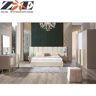  Foshan Nuevo Modelo de alto brillo MDF Pintura Muebles de dormitorio con el hardware de la pierna y cabecero suave