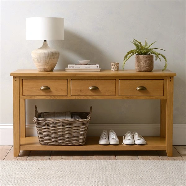 High Quality Modern Nordic Solid Oak Natural Wooden Console Table with 2 Drawers 1 Shelf, Used for Hallway, Living Room, Bedroom, Behind Couch/Sofa, Corridor