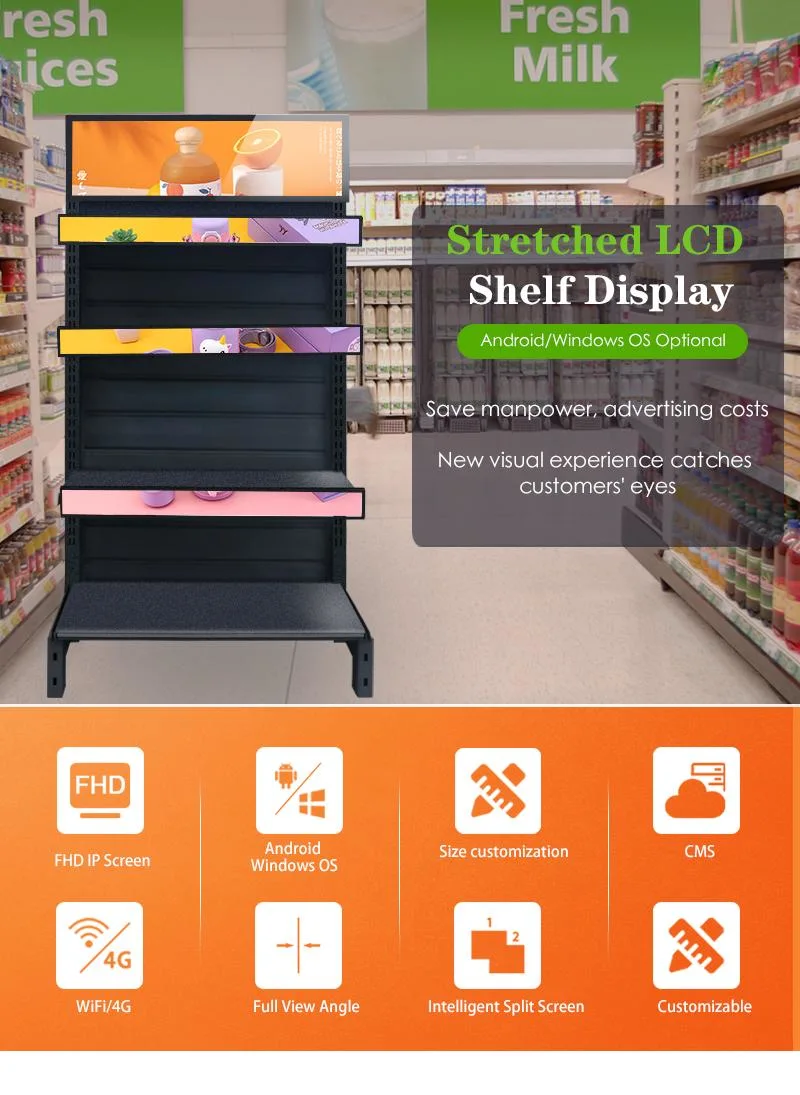 Ultra Wide Stretched Bar Stretched HD LCD LED Advertising Display Network Video Ad Player, Touch Screen WiFi Network Bus Digital Billboard Signage