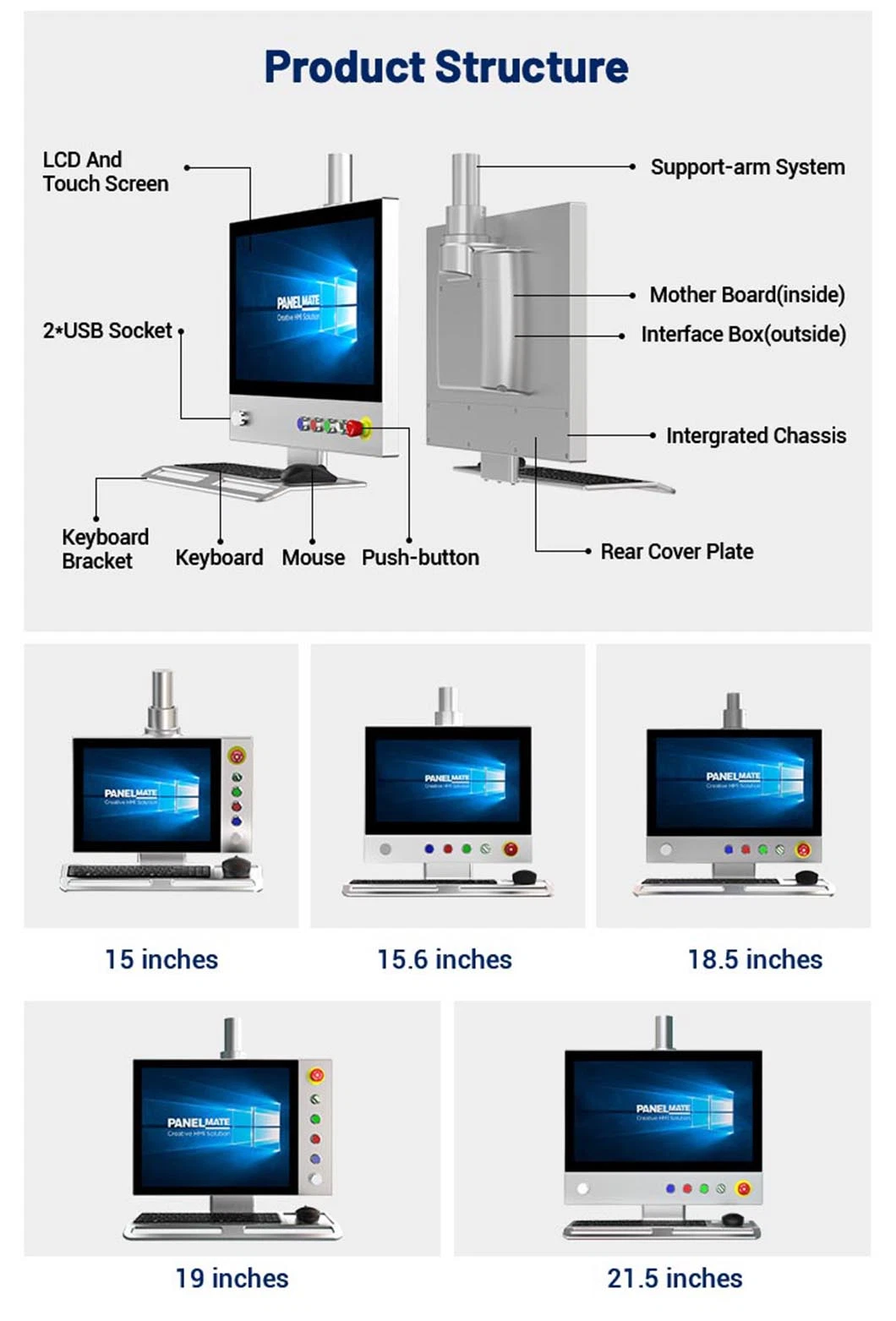 21.5 Inch Industrial Operation Panel HMI Cantilever Enclosure Supported Arm System Tempered Glass Screen LCD Display IP65 Waterproof Dustproof Monitor