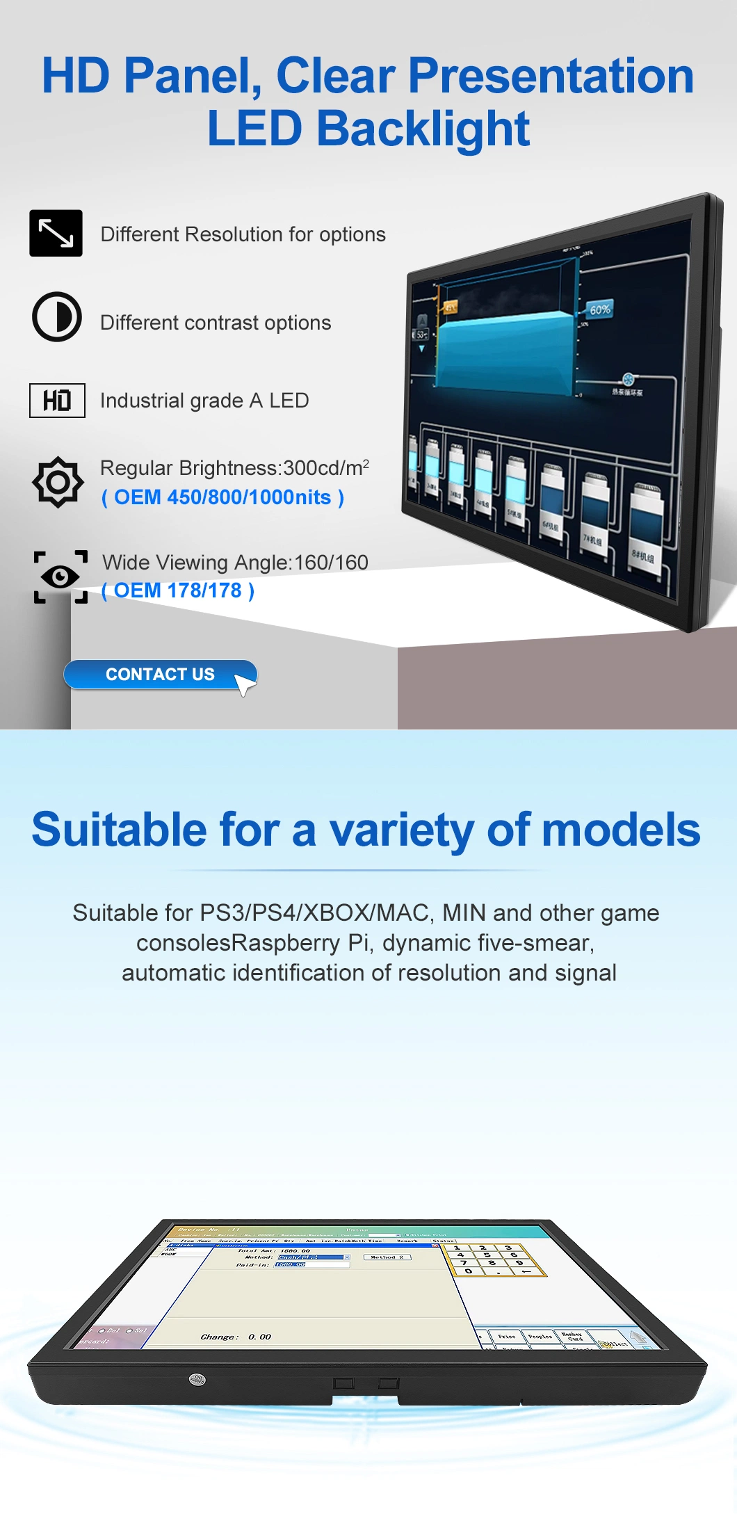 23.6 Inch Industrial Display 1920*1080 Resolution Wide Screen Sonitor Industrial LCD Monitor