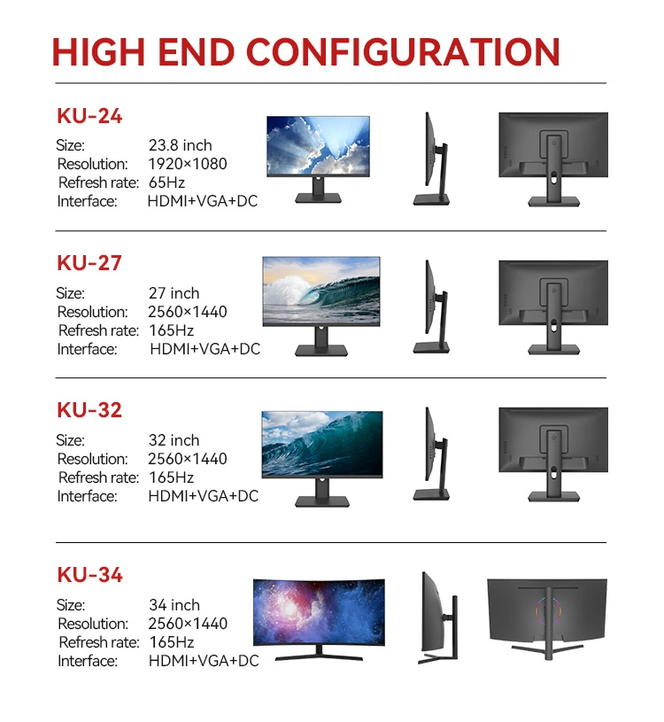 Customized Flat Screen PC Monitor Curved Screen Monitors 24 32 34 Inch IPS LCD Monitor 144Hz 165 Hz Gaming Computer Display