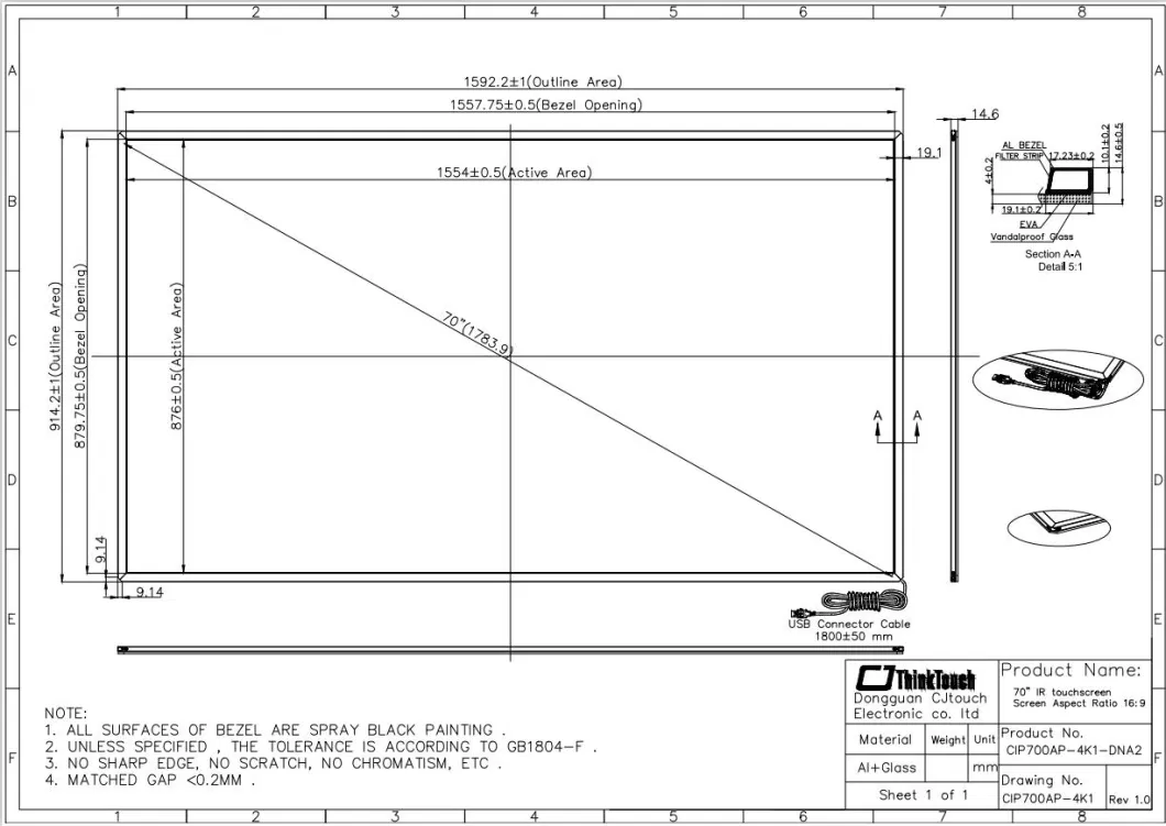 Cjtouch China Manufacturer 70 Inch IR Touch Screen Infrared Touch Panel