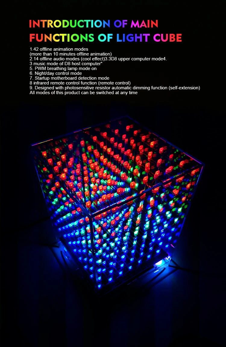 3D8 Light Cube 888 Kit 8X8X8 Light Upper Computer Music Spectrum Microcontroller Electronic DIY Production Pieces