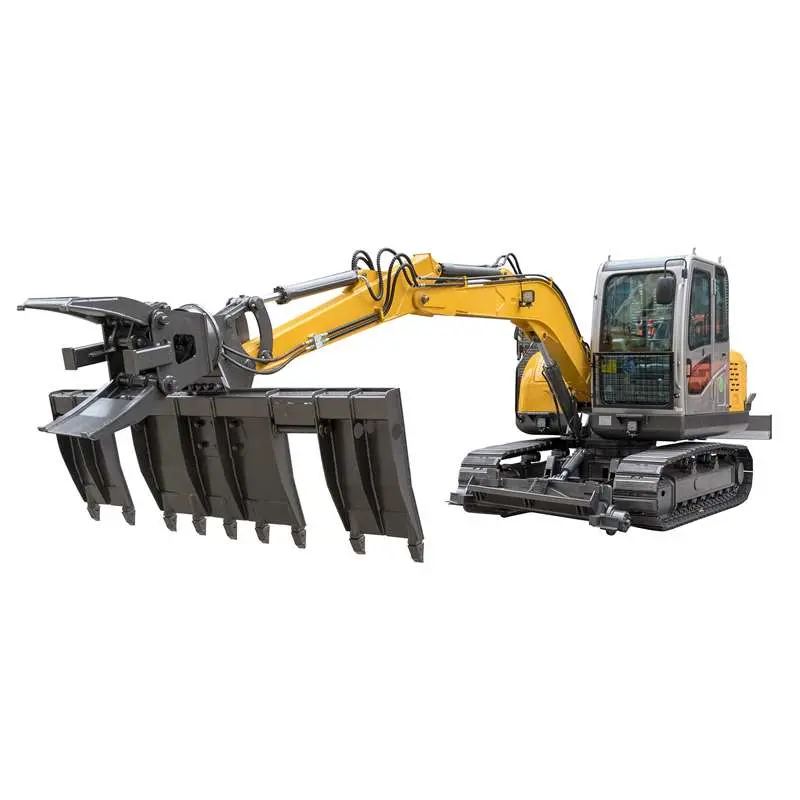 Hi-Rail Excavator with Bearer Grab Attachment Transports and Replacing Sleepers Railroad Machine