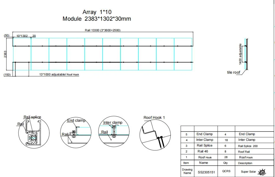 Solar Roof Hook Solar Framing for Solar Spanish Tiles