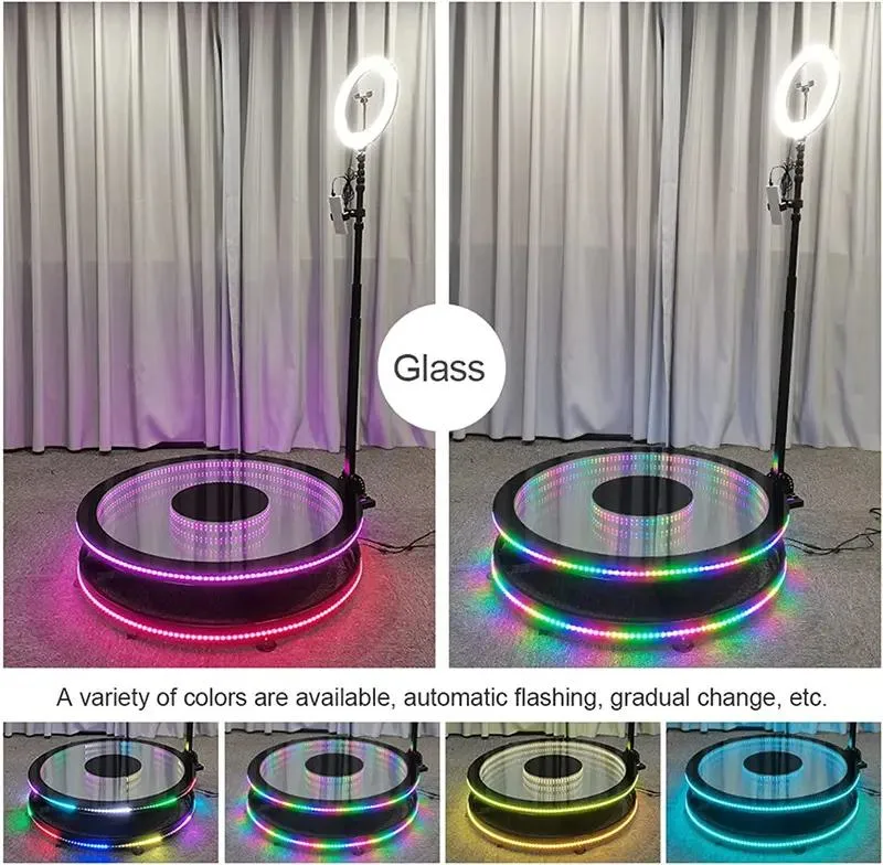 100cm Tempered Glass Wedding Party LED Ring Light Selfie Platform Photobooth Automatic 360 Spin Photo Booth 360 with Flight Case