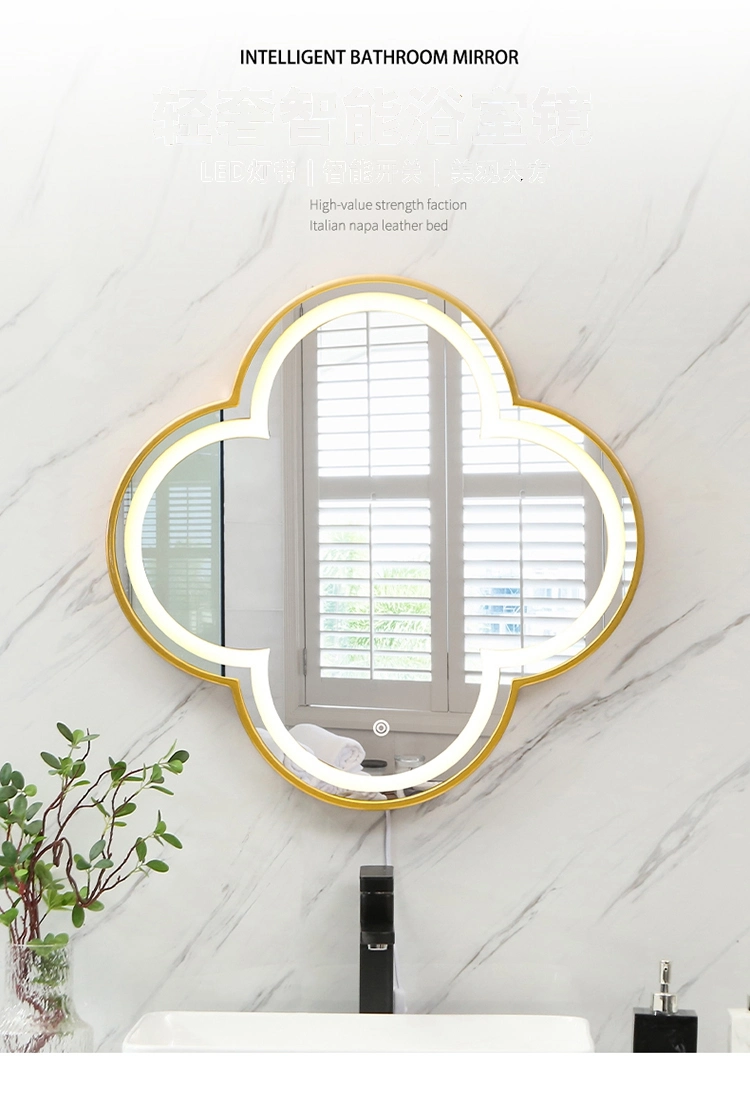 Golden Metal Frame Irregualr Flower Design LED Smart Decorative Wall Bathroom Mirror