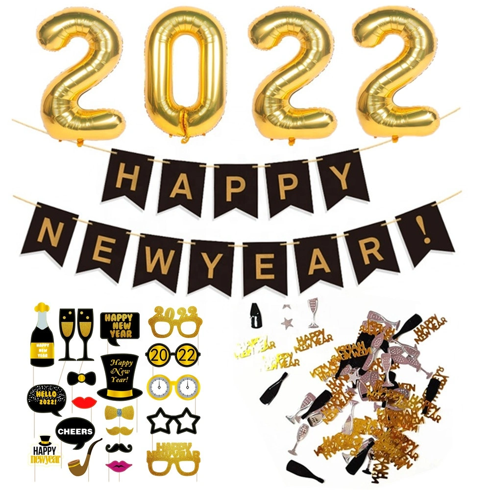 Happy New Year Party Decorations 2022 Foil Balloon Glitter Photo Booth Props Confetti New Years Eve Party Supplies 2022