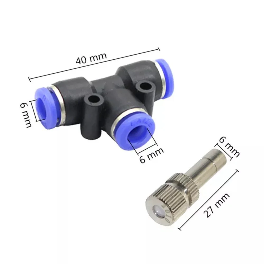 6mm Slip Lock Atomization Misting Fog Nozzles with 6mm Quick Access Tee Connector Garden Landscaping Irrigation Sprayers