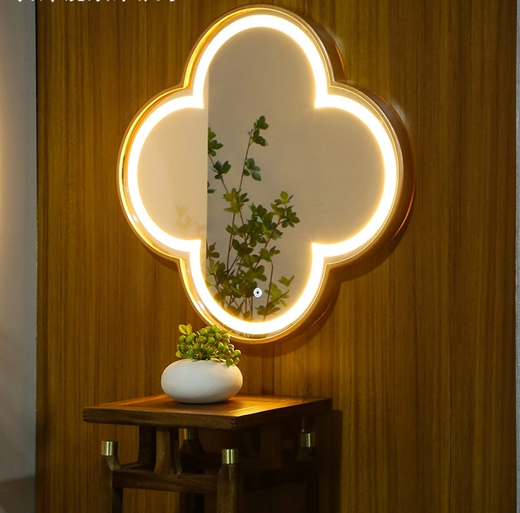 Golden Metal Frame Irregualr Flower Design LED Smart Decorative Wall Bathroom Mirror