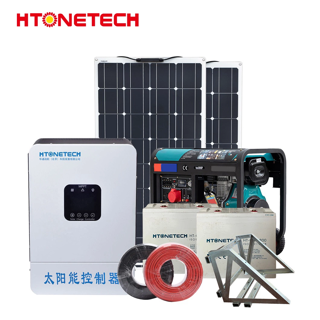 Htonetech Solar System off Grid Complete Set 10 Kw China 500W Double Monocrystalline Laminated Solar Panel 1.5 MW Diesel Generator 16 Panel Solar System