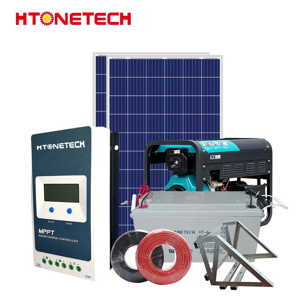 Htonetech Solar System off Grid Complete Set 10 Kw China 500W Double Monocrystalline Laminated Solar Panel 1.5 MW Diesel Generator 16 Panel Solar System