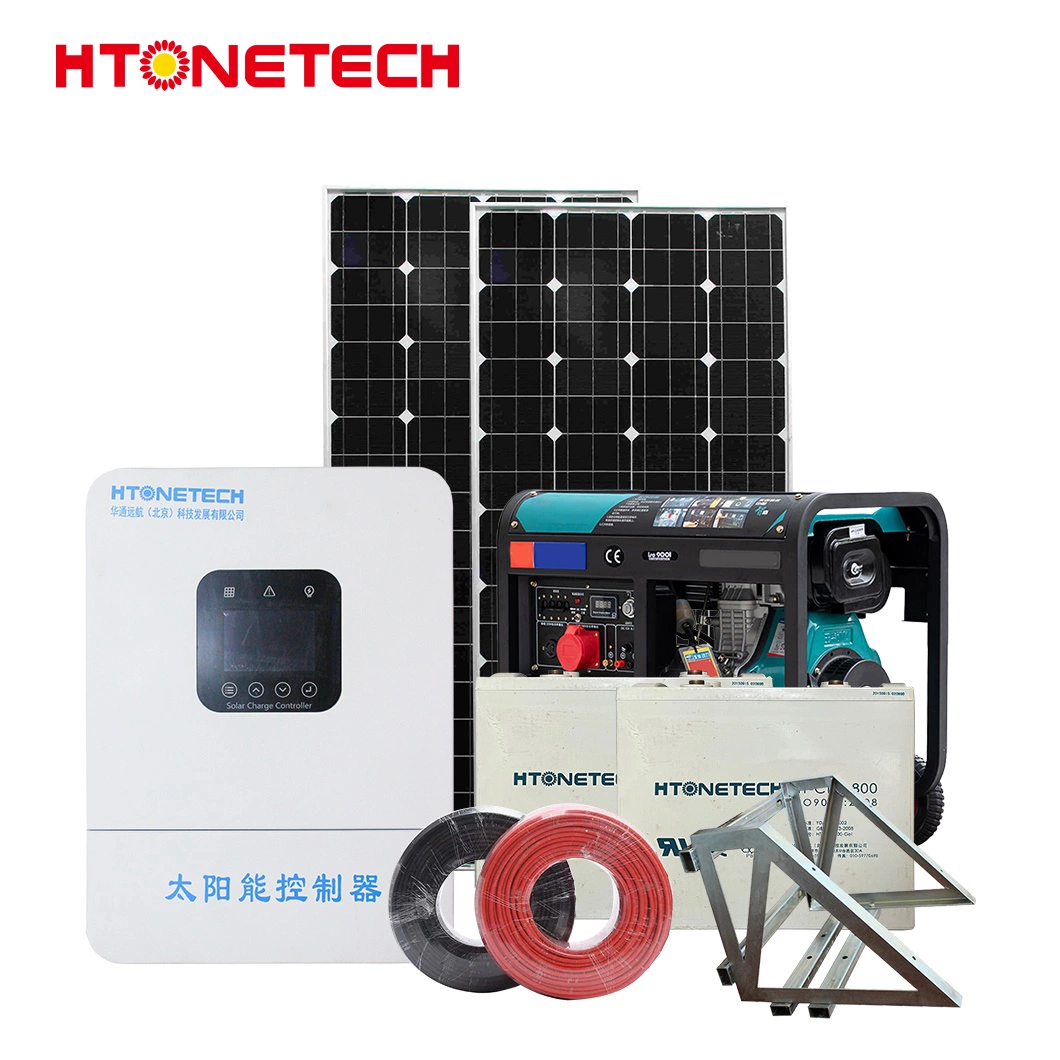 Htonetech Solar System off Grid Complete Set 10 Kw China 500W Double Monocrystalline Laminated Solar Panel 1.5 MW Diesel Generator 16 Panel Solar System