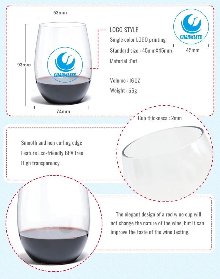 Transparent 16 Oz Recycleble Plastic Cups Wine Alcohol Drinking Cups Unbreakable Stemless Wine Glasses with Logo