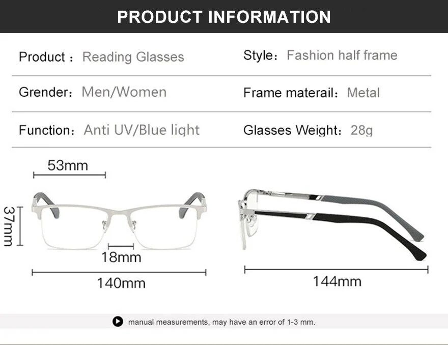 Men&prime;s Reading Glasses +1.0 to +4.0 Business Reading Lens Metal Frame Optical Anti Blue Light Presbyopia Glasses