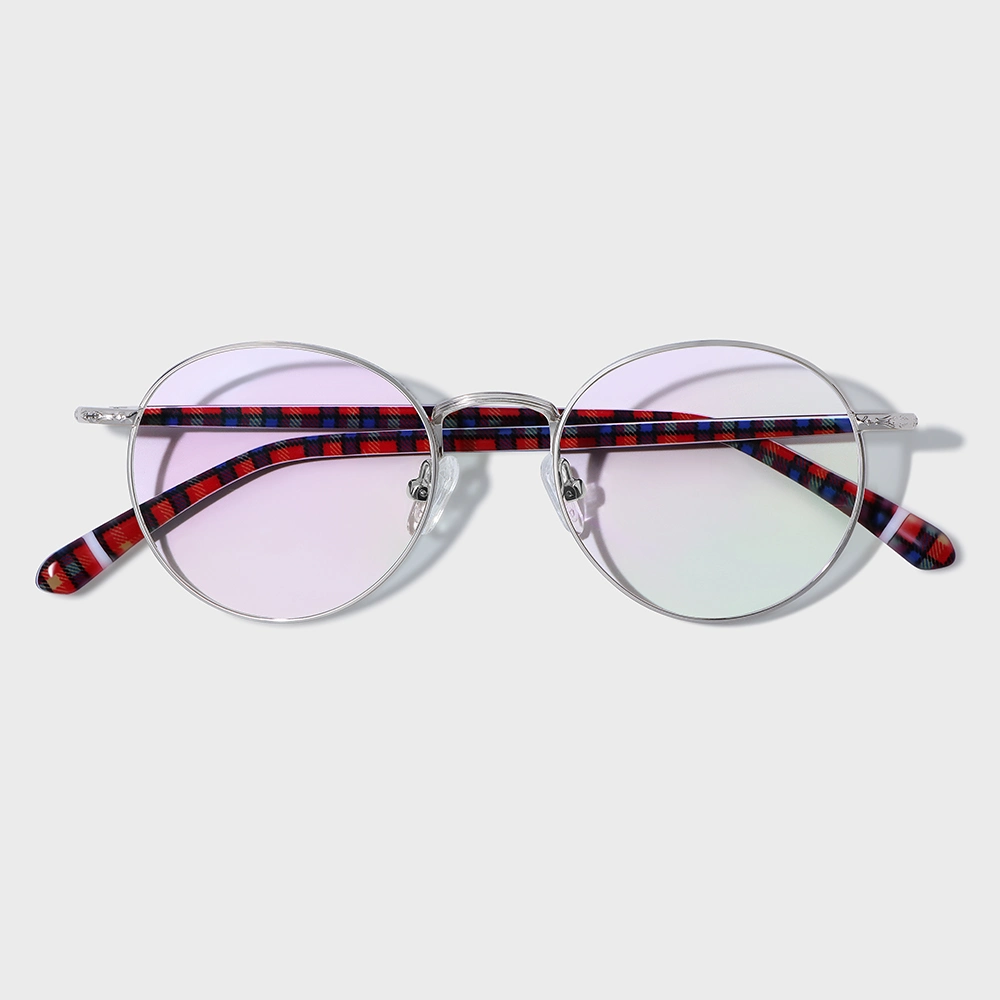 Yeetian Classic Plaid Grain Acetate Temple Eyewear Custom Designer Circle Metal Eyeglasses