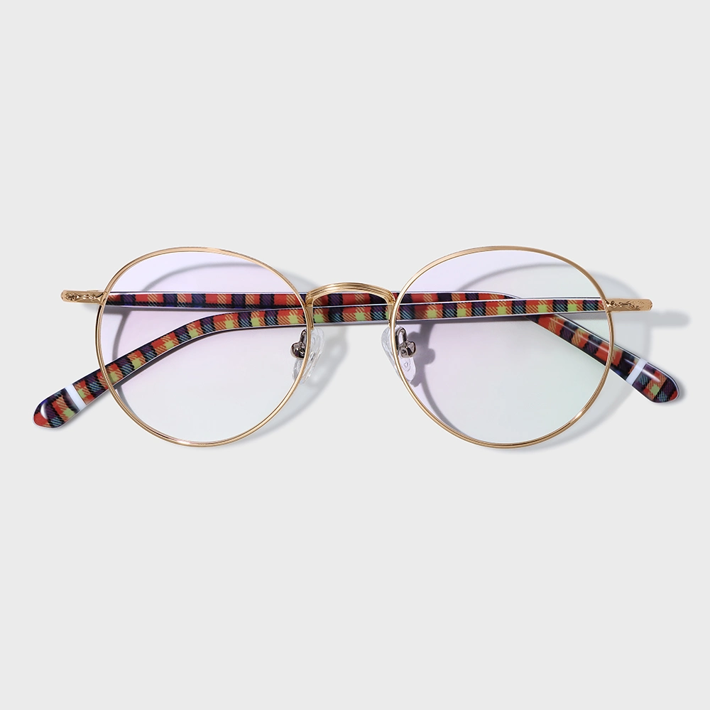 Yeetian Classic Plaid Grain Acetate Temple Eyewear Custom Designer Circle Metal Eyeglasses