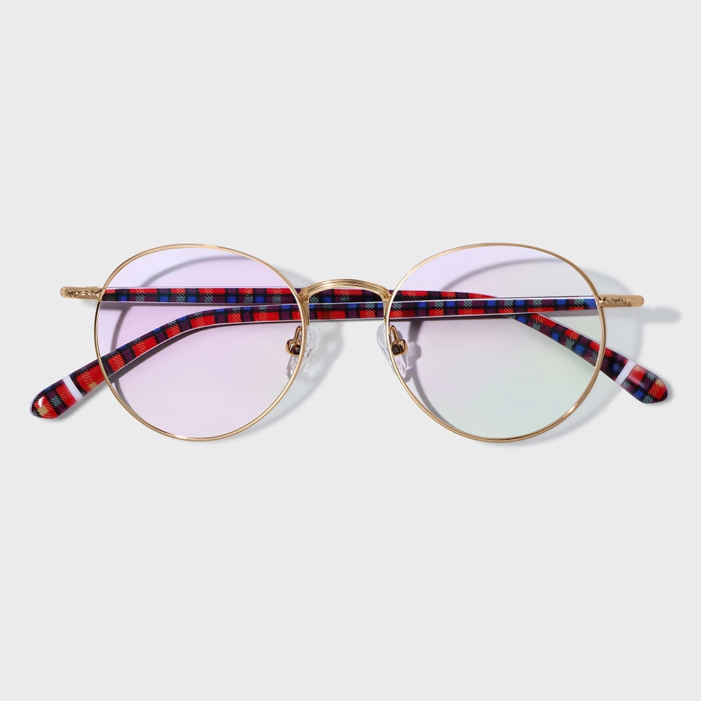 Yeetian Classic Plaid Grain Acetate Temple Eyewear Custom Designer Circle Metal Eyeglasses