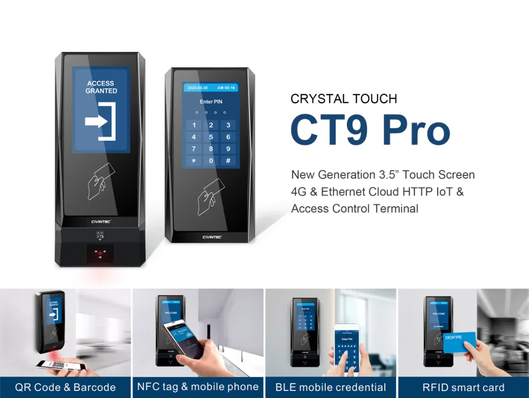 CT9 PRO TCP/IP 4G Biometric Time Attendance Device with Multi-Technologies RFID Card Reader, NFC, BLE and Barcode Scanner