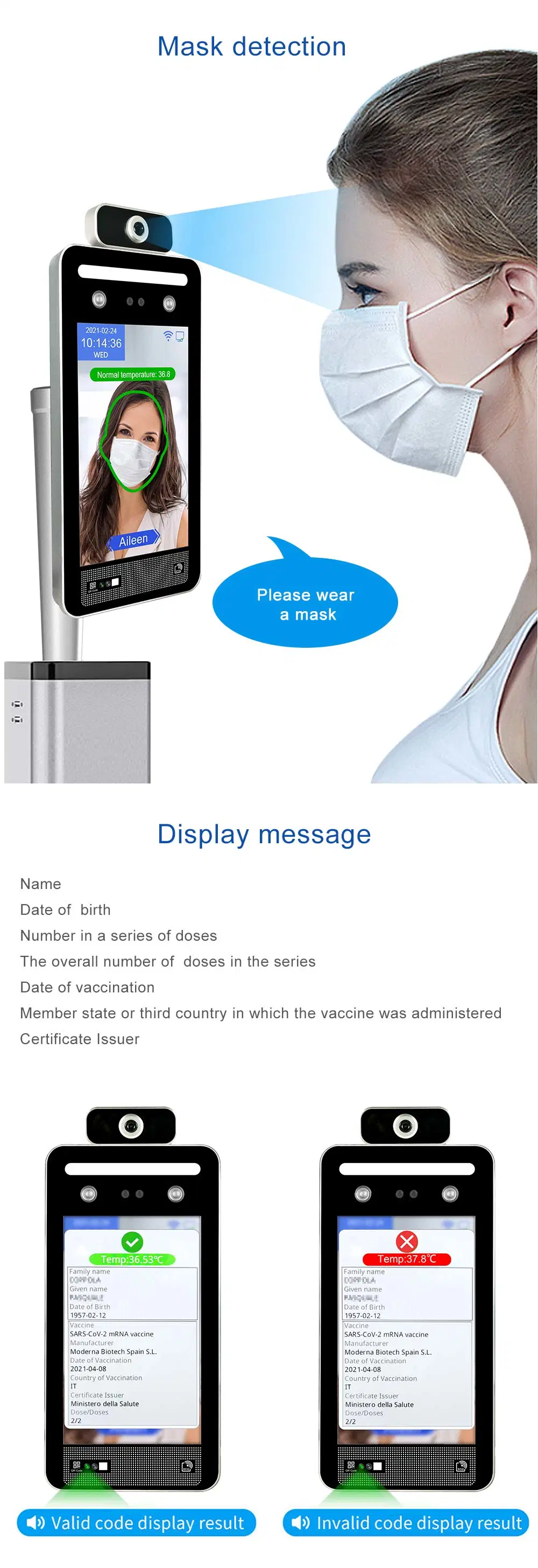 EU Digital Certificate Temperature Measuring Device Biometric Face Recognition