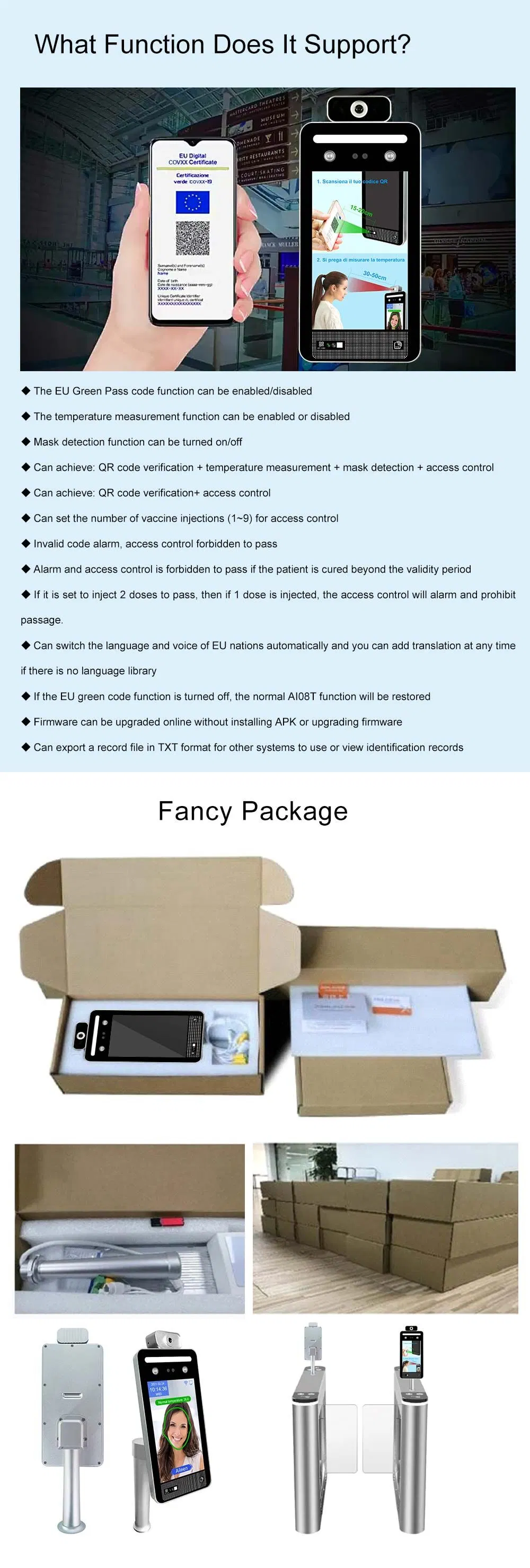 EU Digital Certificate Temperature Measuring Device Biometric Face Recognition