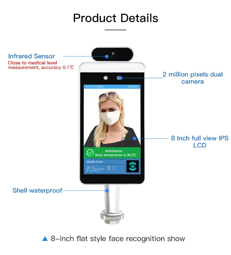 8 Inch Facial Recognition System with Temperature Thermometer and Mask Detection, Face Recognition Camera, Time Attendance Access Control Integrated Machine