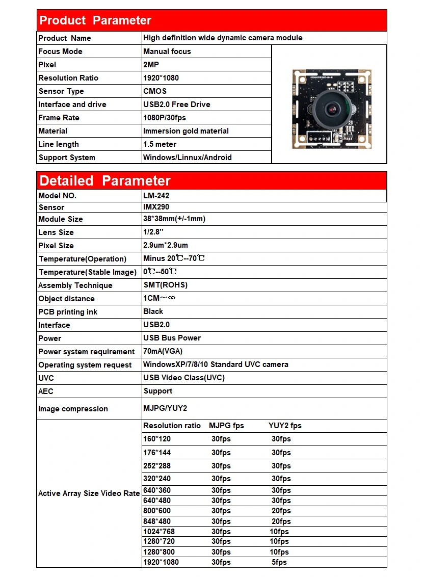 2MP WDR Wide Dynamic Face Recognition USB Camera Module Applied for Android Smart Terminal Access Control