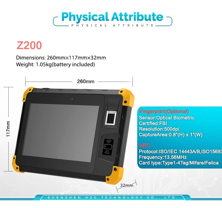 8 Inch NFC Fingerprint Industrial IP67 Biometric Touch Screen Rugged Tablet Android 6.0 Tablet (Z200)