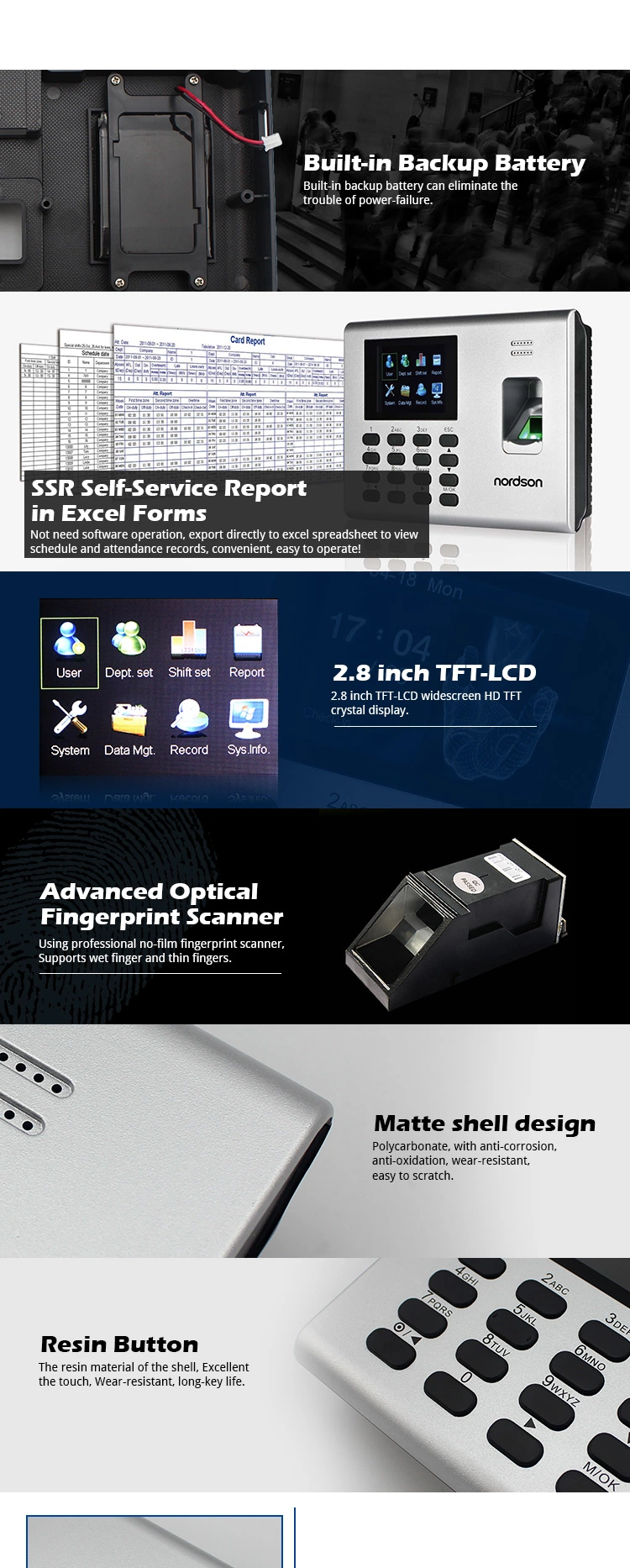 Self-Service Reprot Built-in Battery RFID Card Biometric Time in Time out Finger Print Attendance