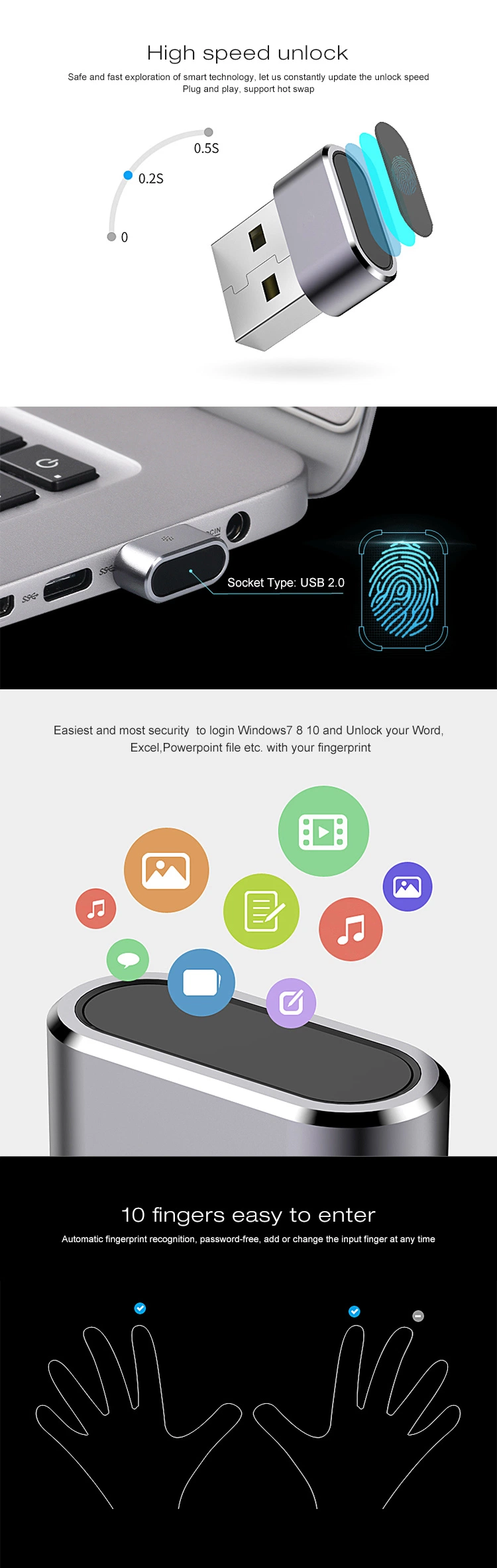 Mini USB Fingerprint Reader for Windows Login Device Password Identification Unlocking