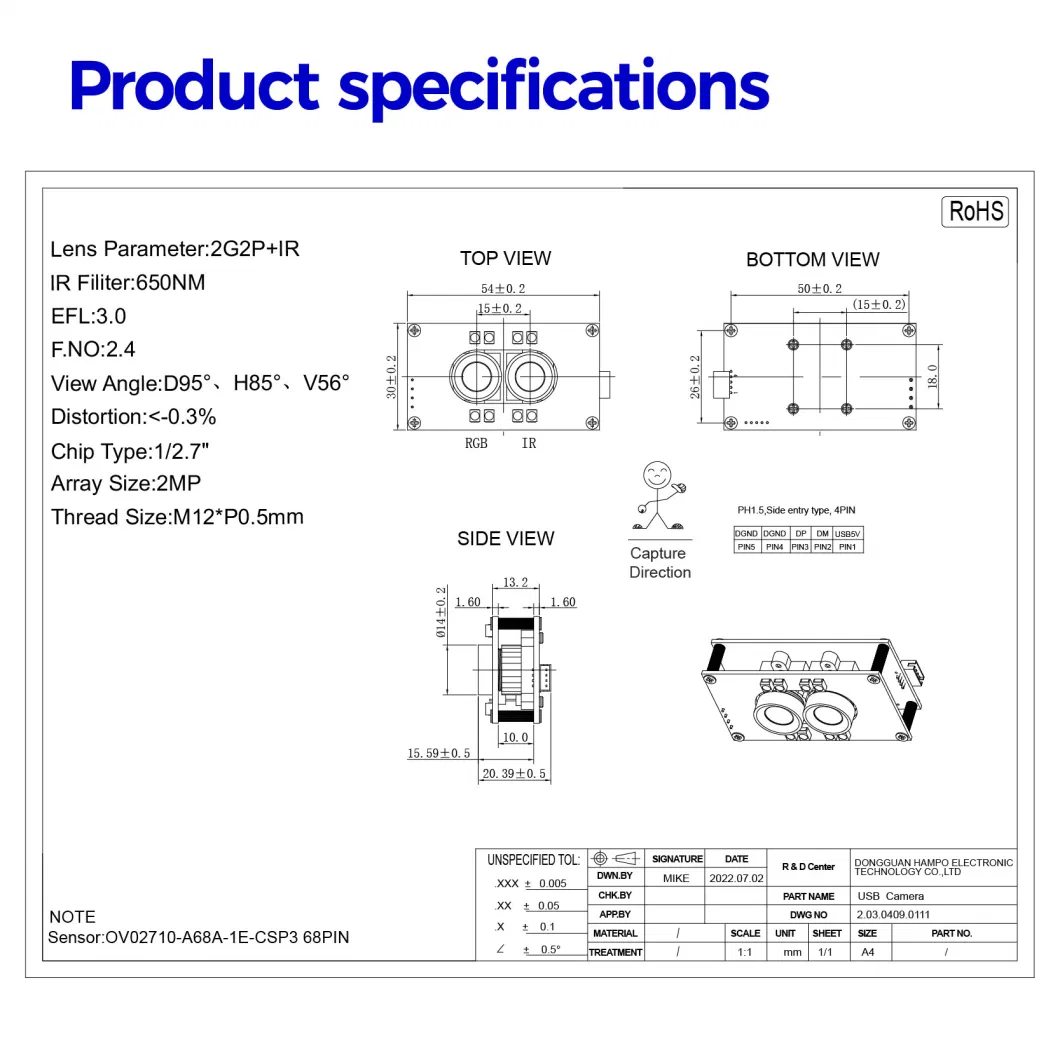 2MP Full HD Ov2710 RGB and IR CMOS Mini Camera Board Module with 95degree No Distortion Lens for 3D Liveness Detection