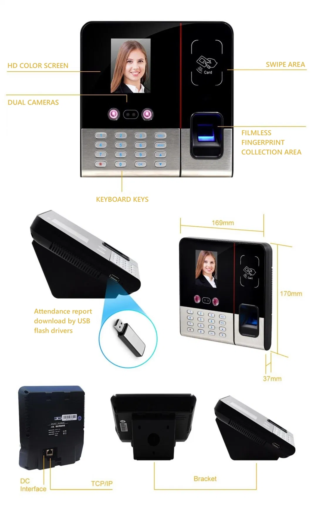 Attendance Machine with Face ID Card Reader Machine Fingerprint Time Recorder