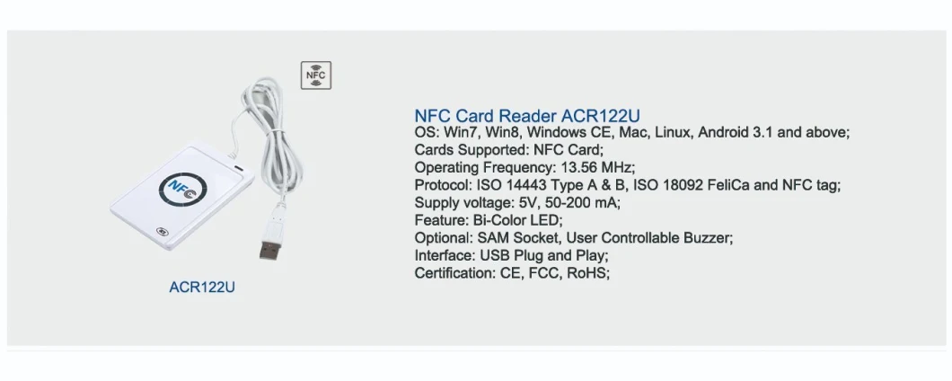 Acs Hot NFC 13.56MHz Contactless Smart Card Reader and Writer with Free Sdk (ACR122U-A9)