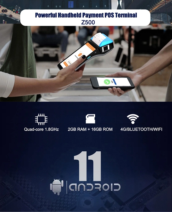 Gms Android 11.0 All in One Msr IC Chip RFID POS Terminal WiFi 4G POS Handheld POS Device with Barcode Scanner Fingerprint Scanner Thermal Label Optional (Z500)
