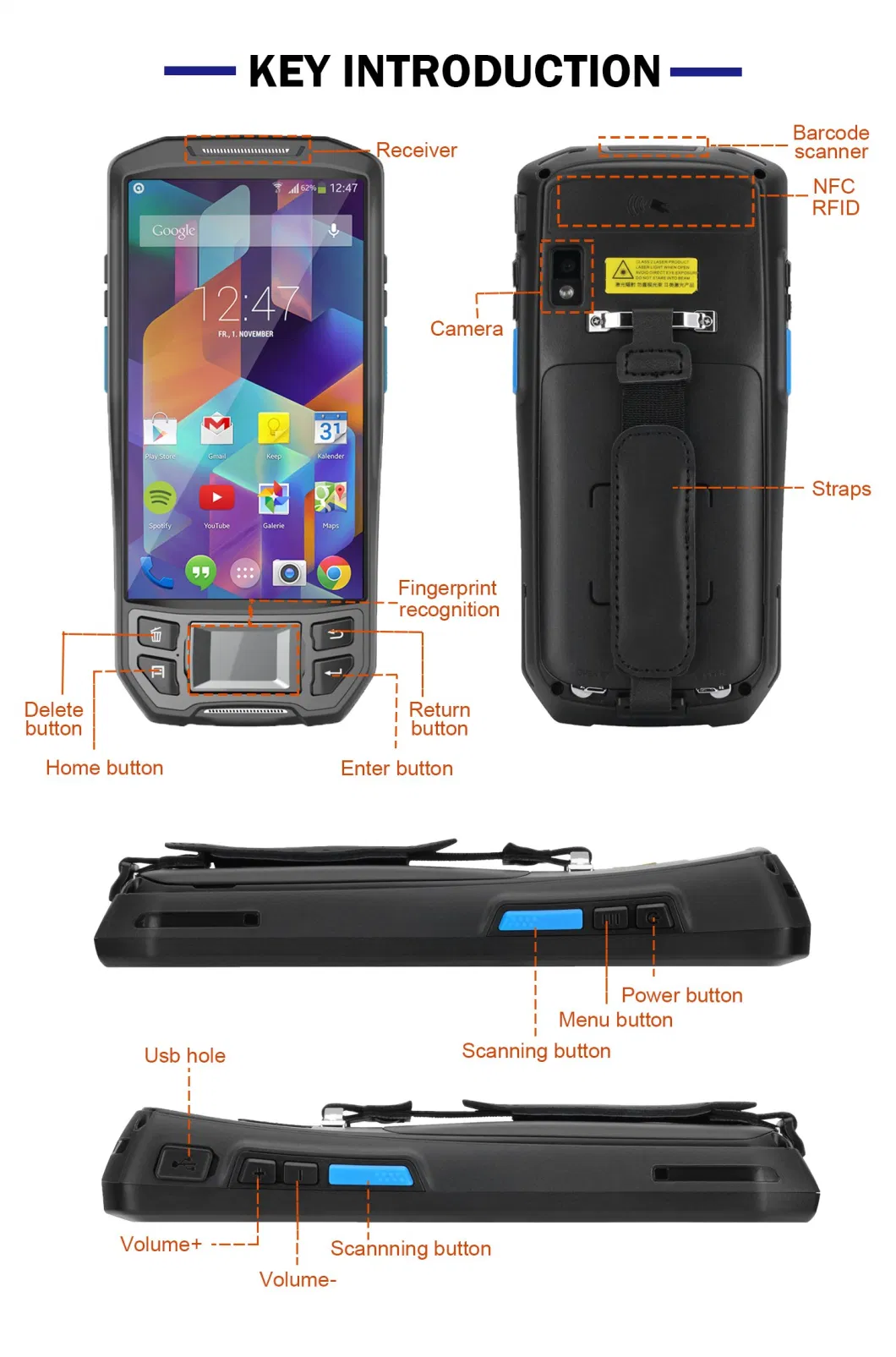 Portable Android 1d 2D Barcode Scanner RFID Rugged PDA with NFC Fingerprint Reader