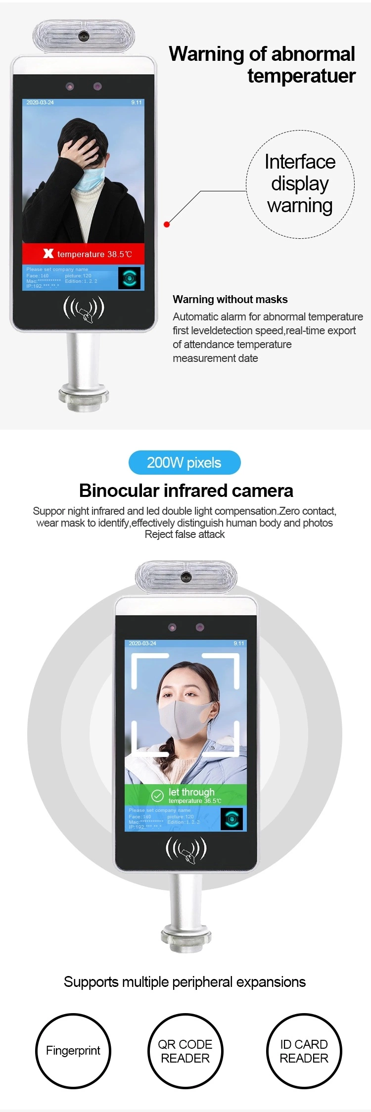 8&quot; Automatic Face Recognition System with Human Body Temperature Measurement Infrared Thermometer, Access Control Terminal with Camera