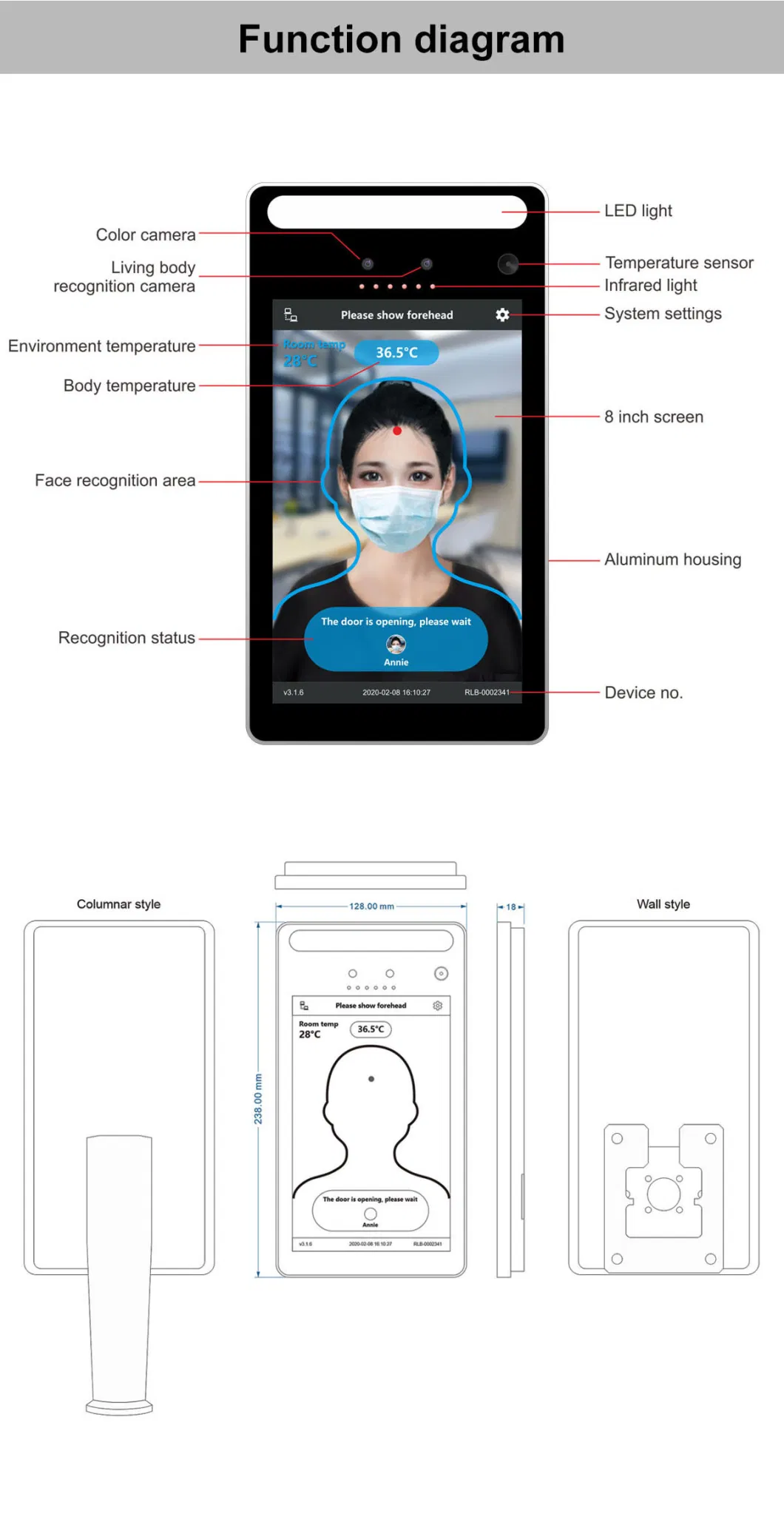 Non-Contact Ai--Intelligent Face Recognition Temperature Measuring Terminal/ Temperature Scanner