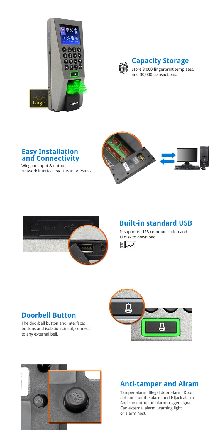 2.4 Inch TFT Color Screen Wiegand TCP/IP, RS232/485 Zkteco Biometric Fingerprint Reader