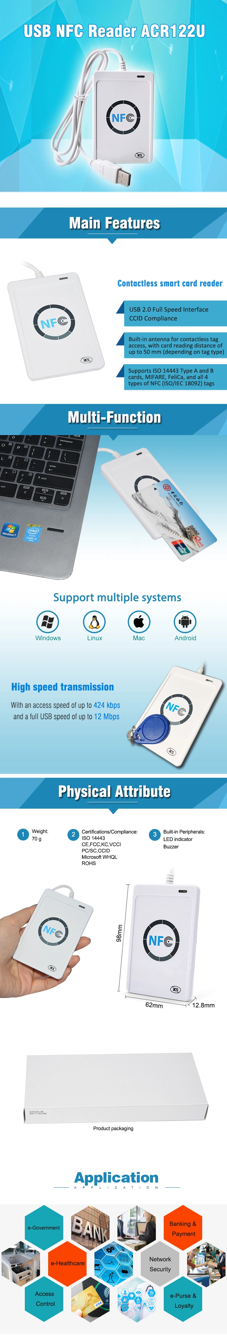 ISO14443 USB NFC Card RFID Reader / Writer for Vending Machine ACR122u