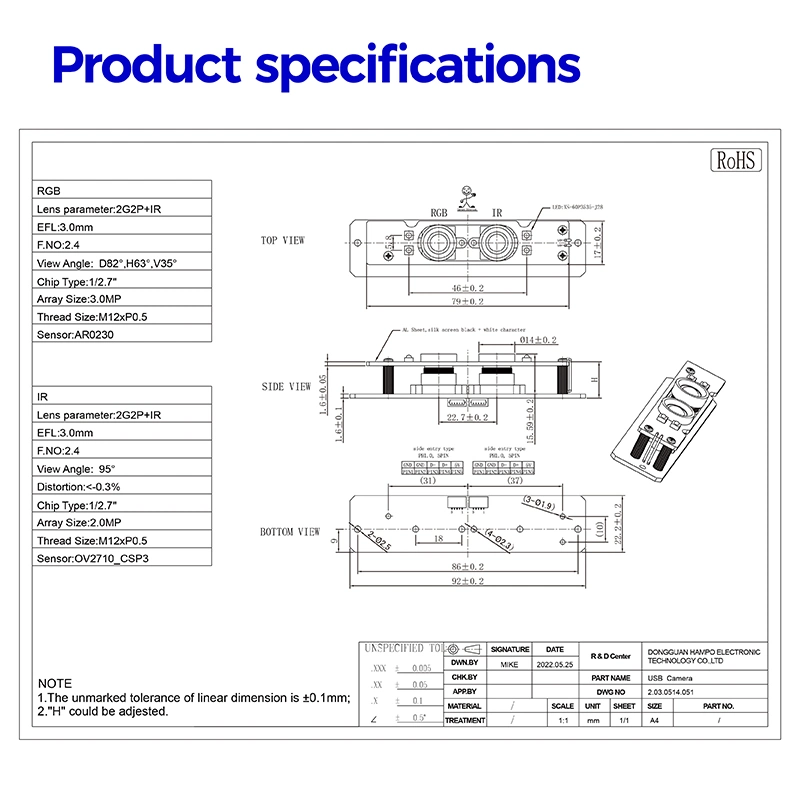 Dual Lens 1080P 30fps WDR 96dB USB Camera Module with Double Lens Synchronization for Biometric Retina Camera Face Recognition